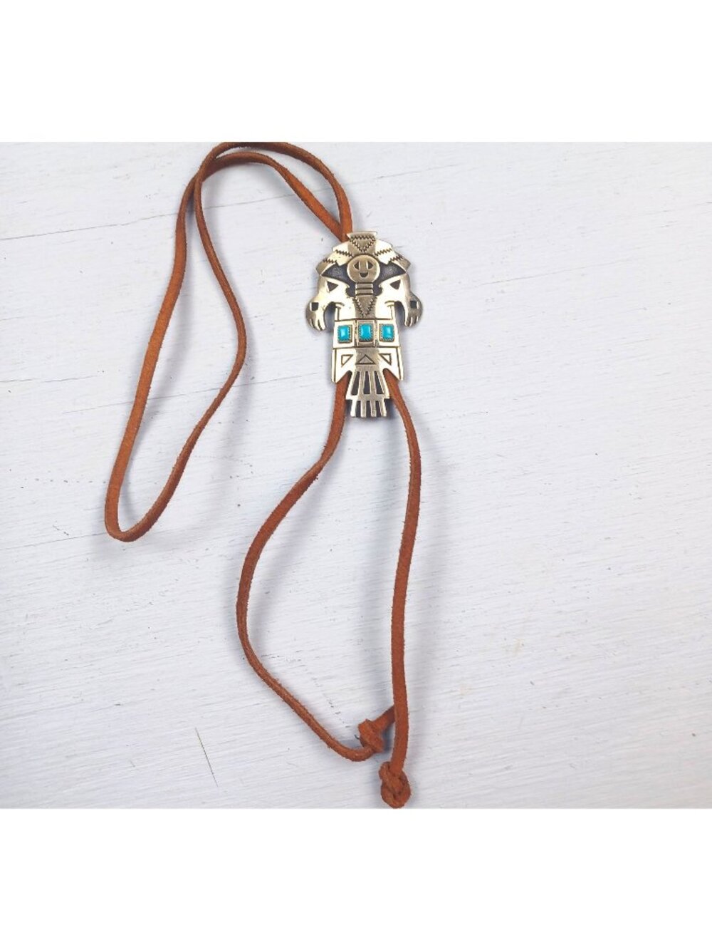 Vintage Silver Kachina Bolo Tie With Turquoise Accents On Brown Leather Cord
